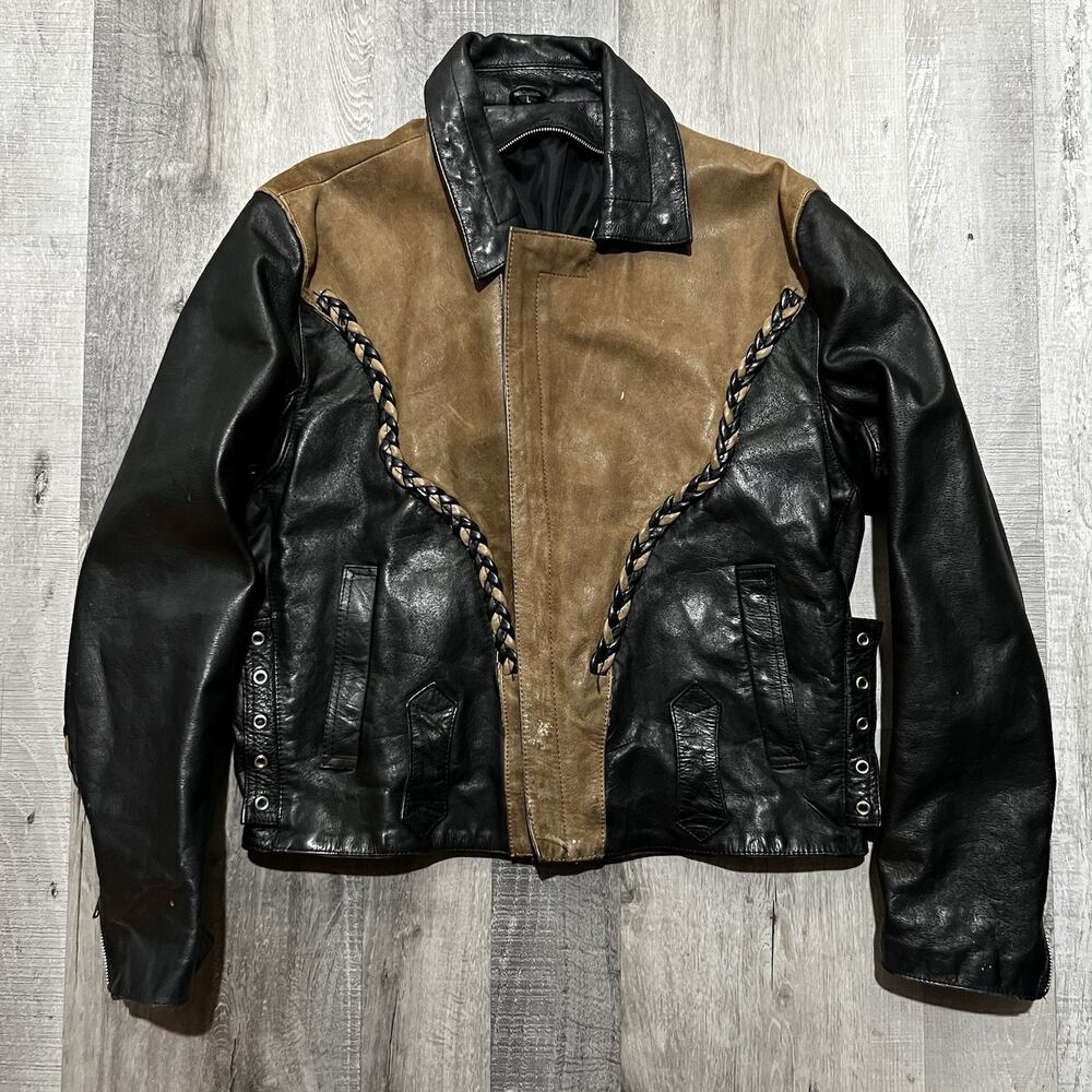 VTG Western Motorcycle Jacket XL Leather Patina Brown Laced Cowboy Biker Sz L